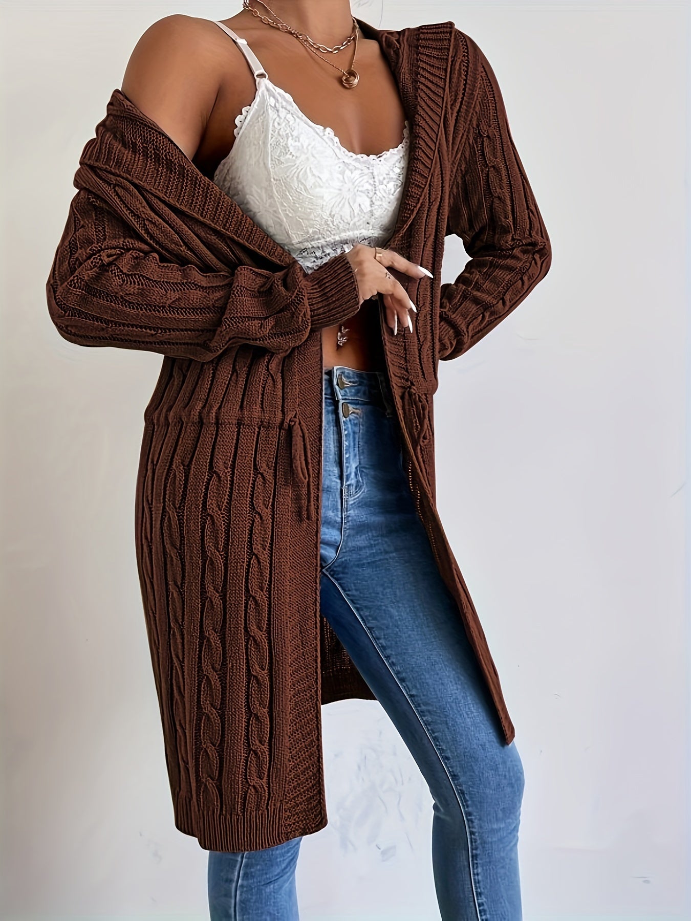 Cozy Chic Drawstring Waist Hooded Cardigan - Soft, Casual, Open Front, Long Sleeve, Relaxed Fit, Women's Clothing for Everyday Wear